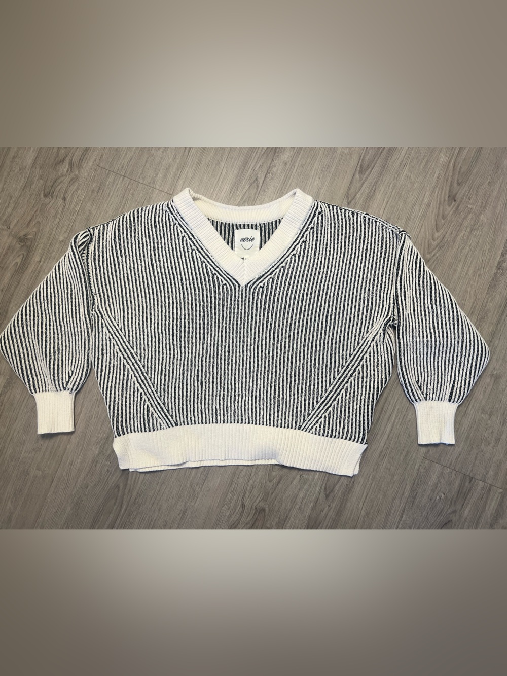 aerie Black & White Striped V-Neck Sweater